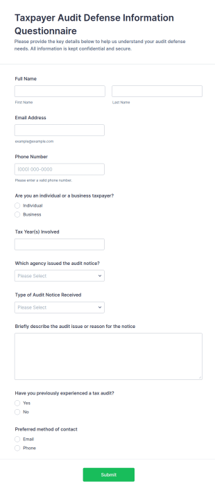 Taxpayer Audit Defense Information Questionnaire Form Template