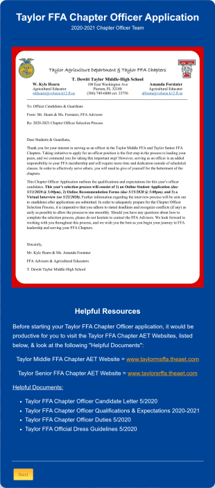 Taylor FFA Chapter Officer Application Form Template