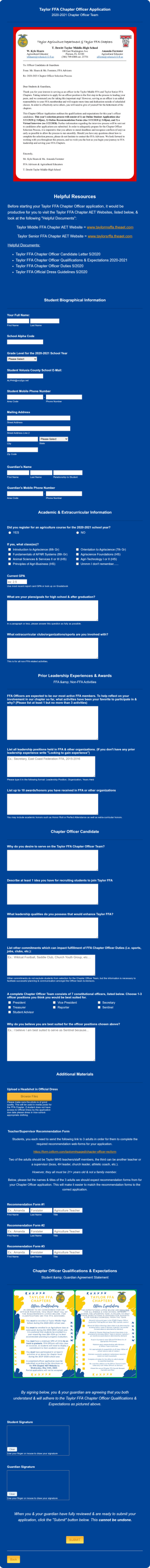 Taylor FFA Chapter Officer Application Form Template