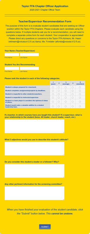 Taylor FFA Chapter Officer Application Recommendation Form Template