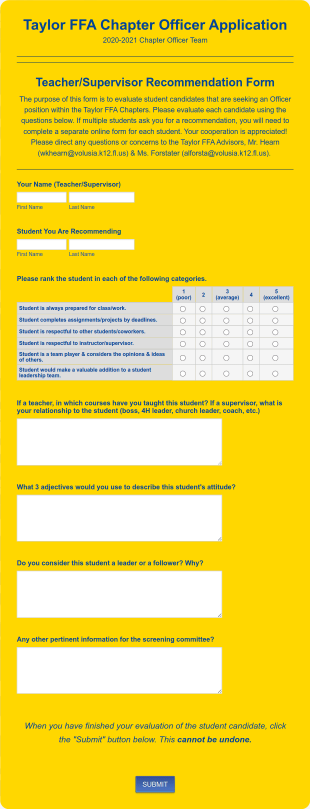 Taylor FFA Chapter Officer Application Recommendation Form Template