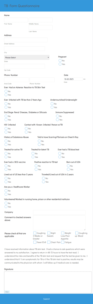 TB Skin Test Questionnaire Form Template