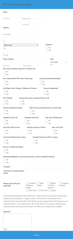 TB Skin Test Questionnaire Form Template