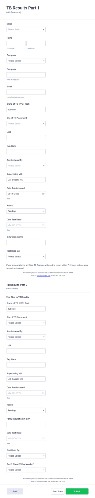TB Test Results Entry Form Template
