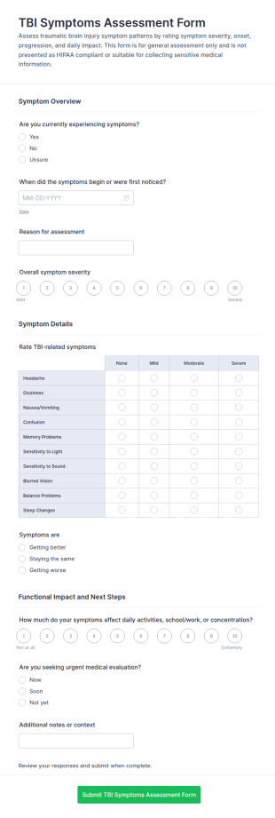 TBI Symptoms Assessment Form Template