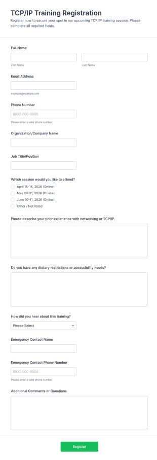 TCP/IP Training Registration Form Template