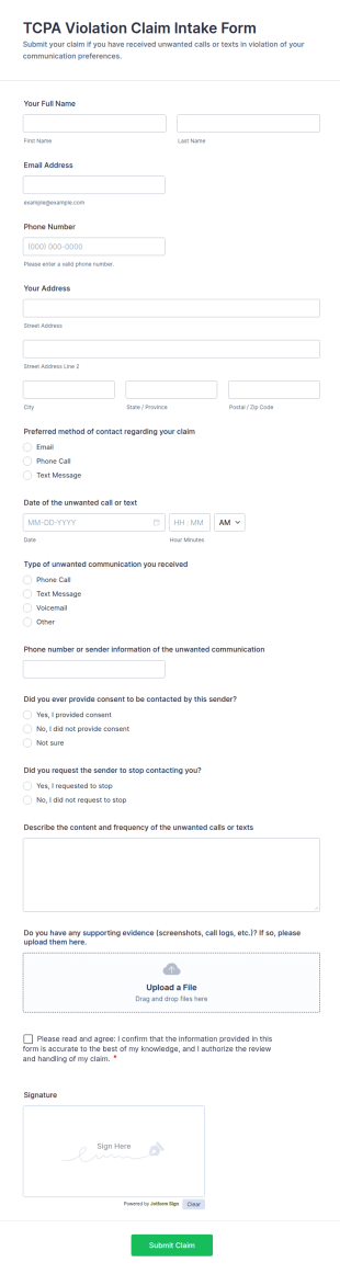 TCPA Violation Claim Intake Form Template