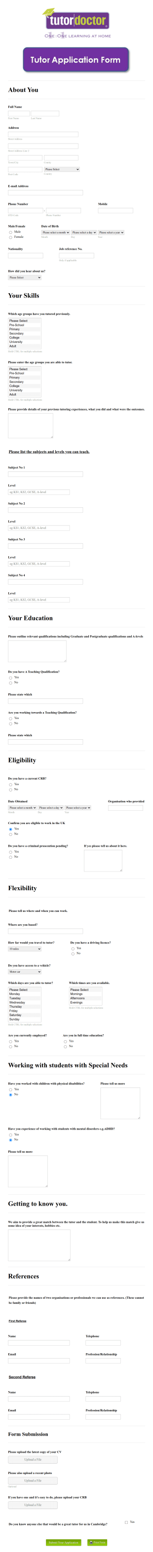 Become A Tutor Application Form Template