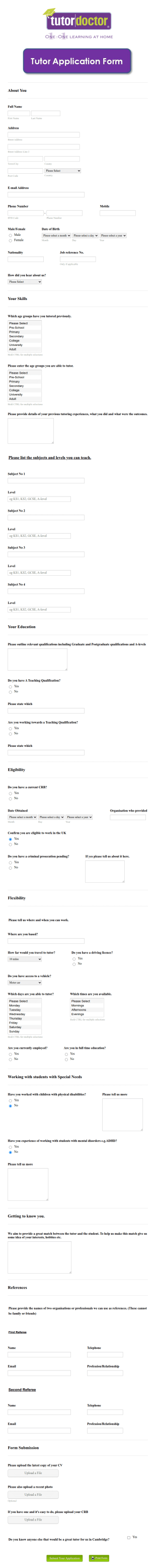 Become A Tutor Application Form Template