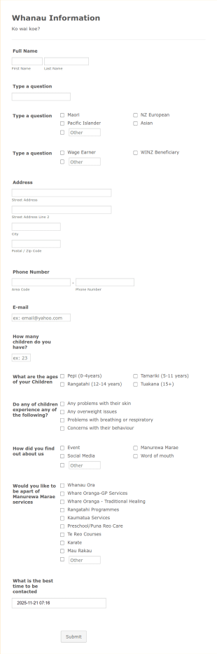 Family Support Service Registration Form Template