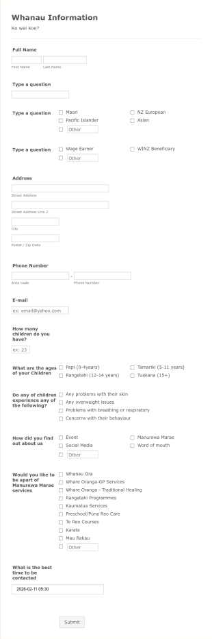 Family Support Service Registration Form Template