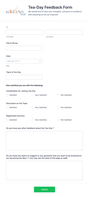 Tea Day Feedback Form Template