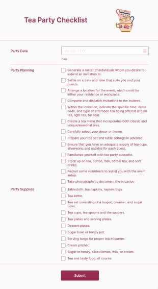 Tea Party Checklist Form Template