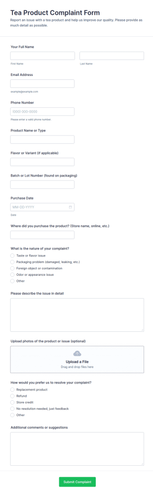 Tea Product Complaint Form Template