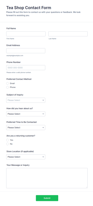 Tea Shop Contact Form Template