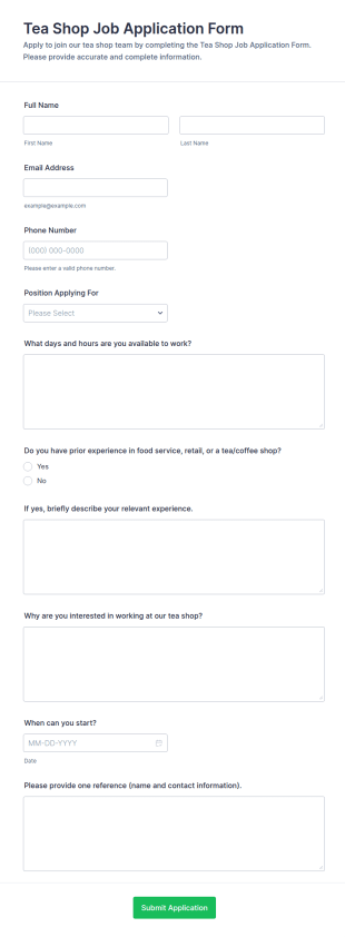 Tea Shop Job Application Form Template