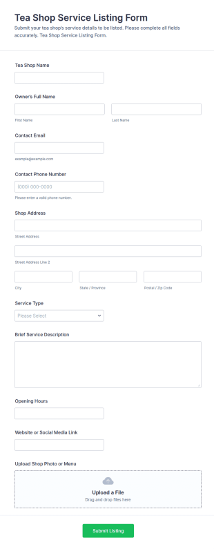 Tea Shop Service Listing Form Template
