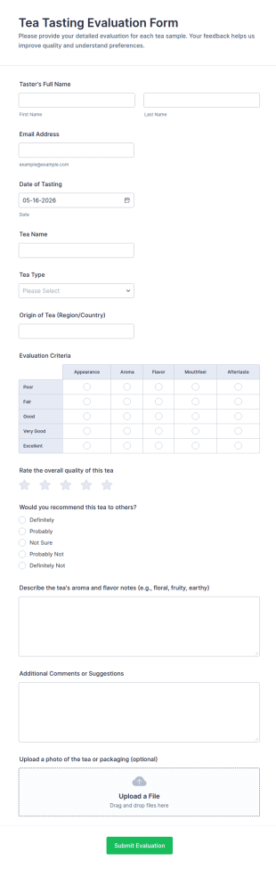 Tea Tasting Evaluation Form Template