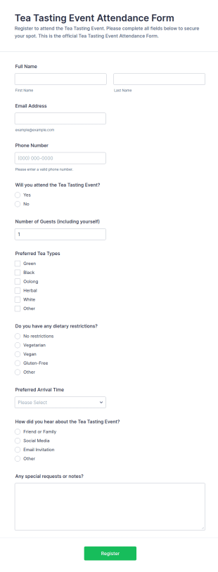 Tea Tasting Event Attendance Form Template
