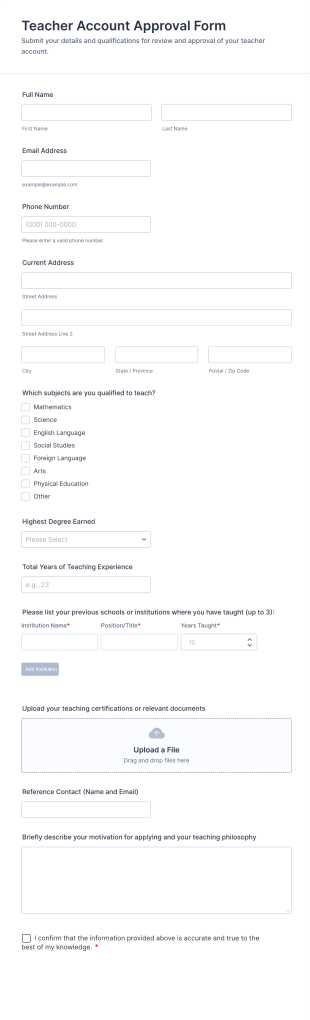 Teacher Account Approval Form Template