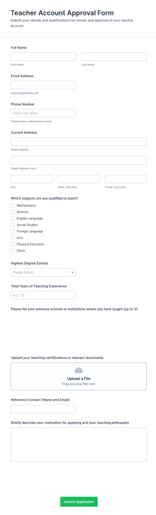 Teacher Account Approval Form Template