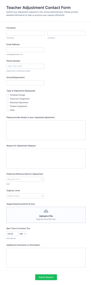 Teacher Adjustment Contact Form Template