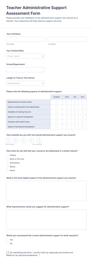 Teacher Administrative Support Assessment Form Template