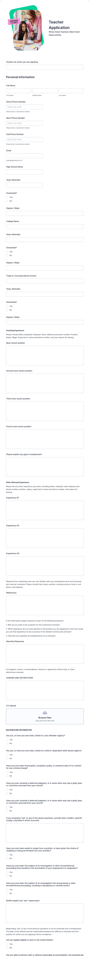 Teacher Application Form Template