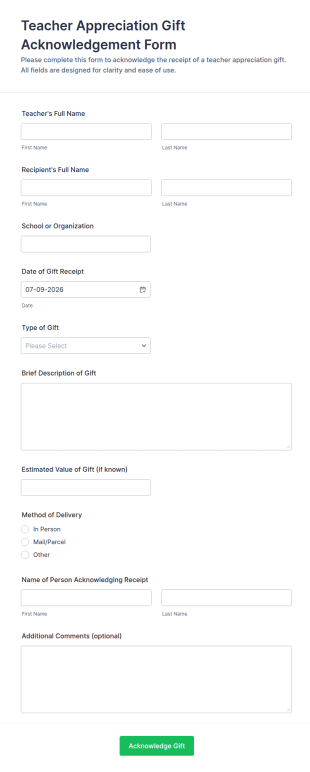 Teacher Appreciation Gift Acknowledgement Form Template