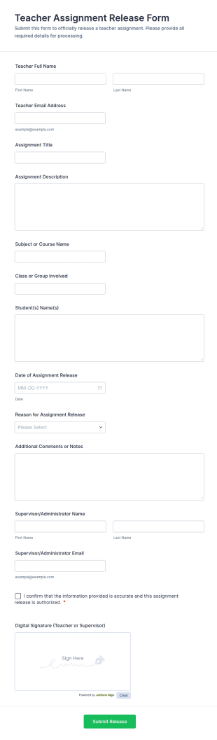Teacher Assignment Release Form Template
