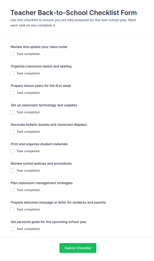 Teacher Back To School Checklist Form Template
