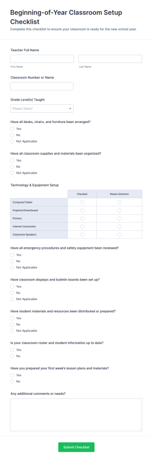 Beginning Of Year Classroom Setup Checklist Form Template