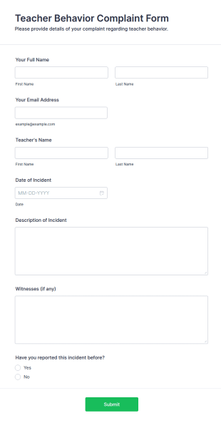 Teacher Behavior Complaint Form Template