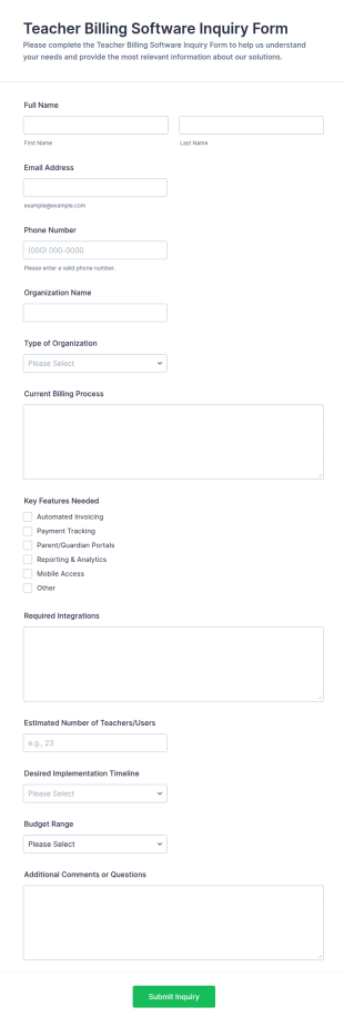 Teacher Billing Software Inquiry Form Template