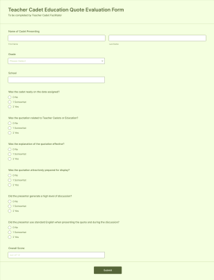 Teacher Cadet Education Quote Evaluation Form Template