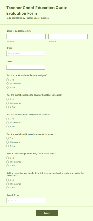 Teacher Cadet Education Quote Evaluation Form Template