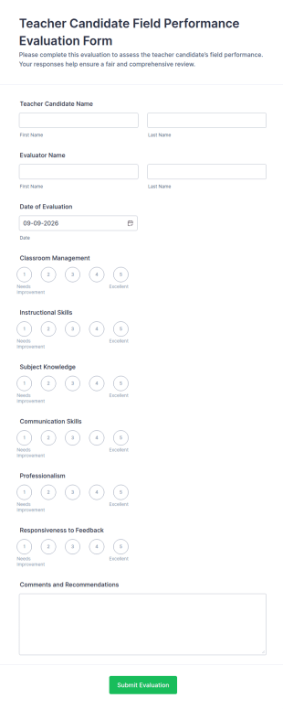 Teacher Candidate Field Performance Evaluation Form Template