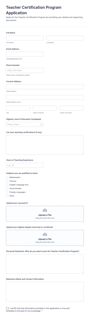Teacher Certification Program Application Form Template