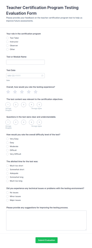 Teacher Certification Program Testing Evaluation Form Template