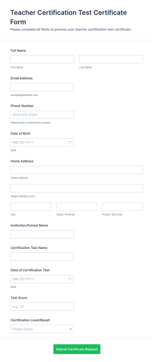 Teacher Certification Test Certificate Form Template
