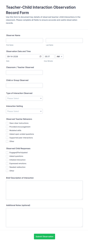 Teacher Child Interaction Observation Record Form Template