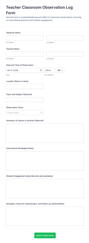 Teacher Classroom Observation Log Form Template