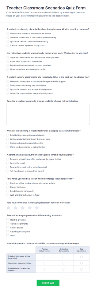 Teacher Classroom Scenarios Quiz Form Template