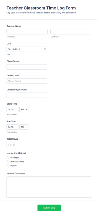 Teacher Classroom Time Log Form Template