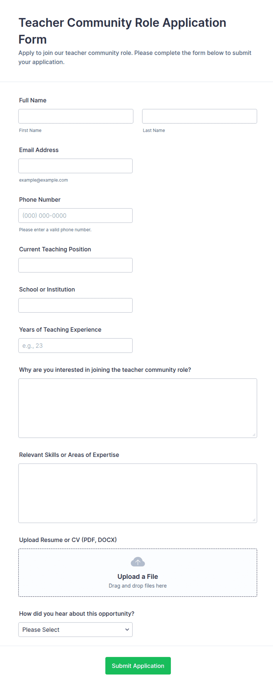 Teacher Community Role Application Form Template | Jotform
