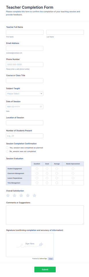 Teacher Completion Form Template