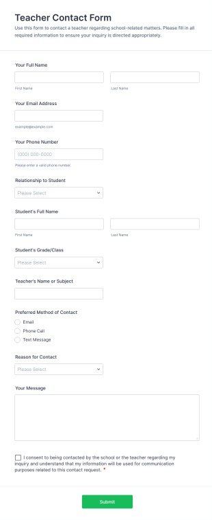 Teacher Contact Form Template