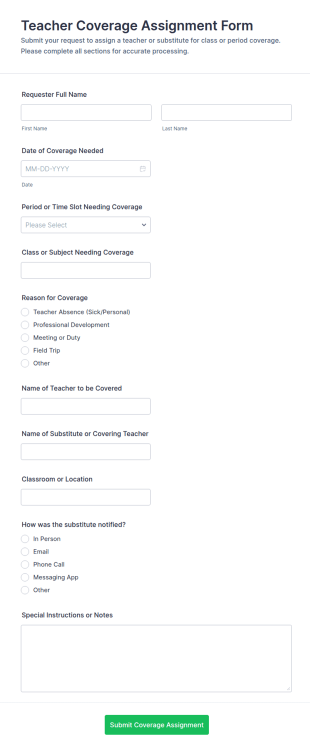 Teacher Coverage Assignment Form Template