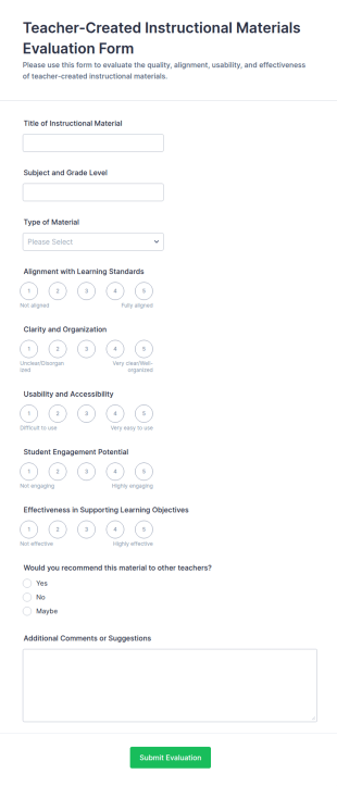 Teacher Created Instructional Materials Evaluation Form Template