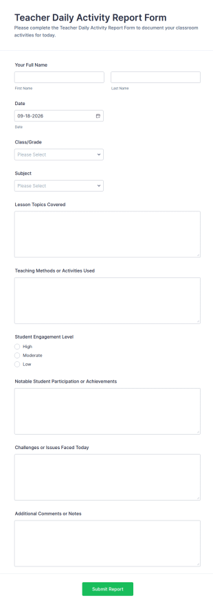 Teacher Daily Activity Report Form Template